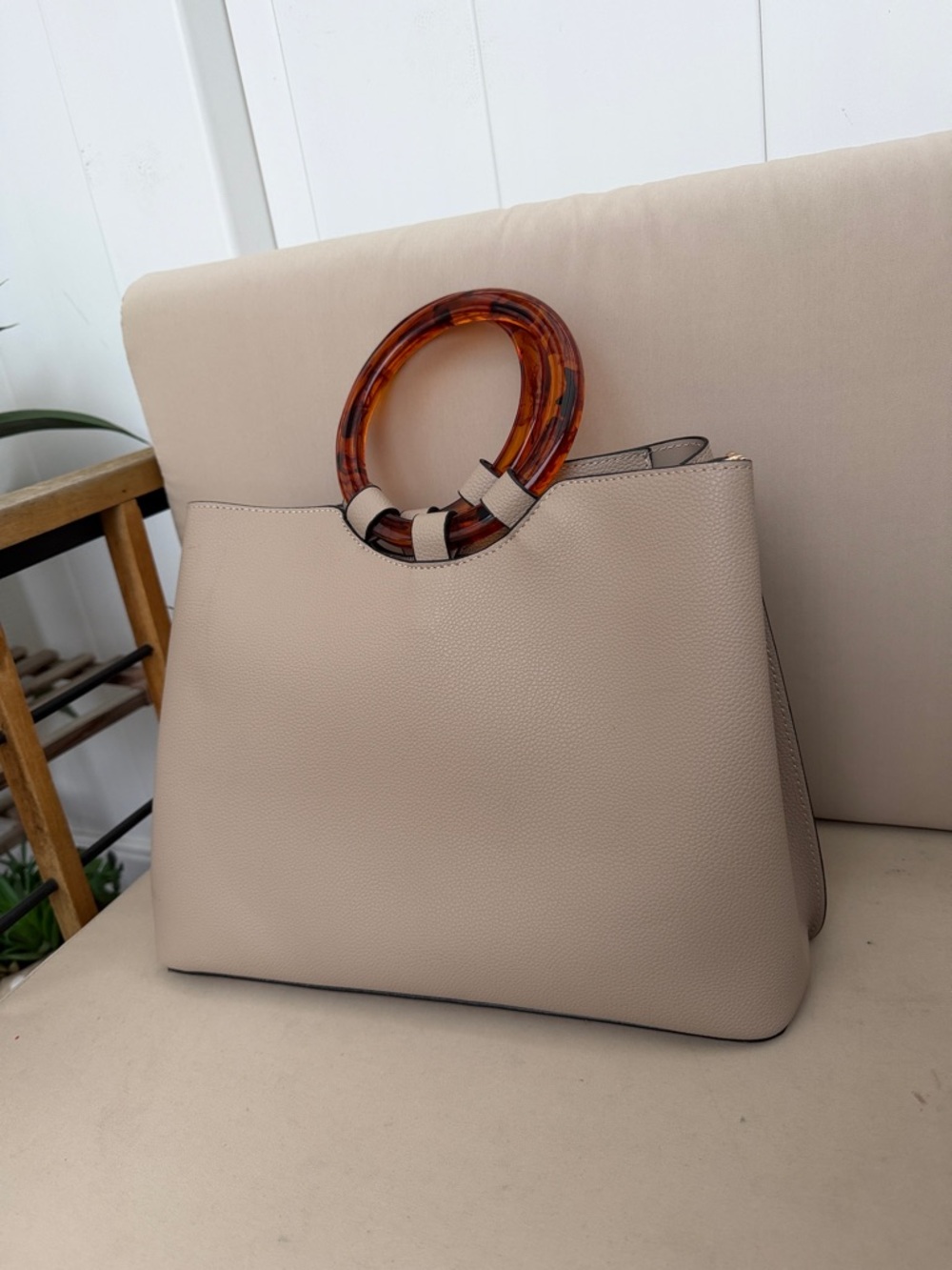 Beige Tote Bag with Tortoiseshell Ring Handles